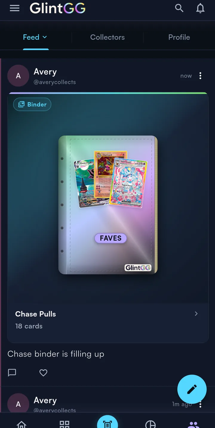 The GlintGG social feed with a tagged Umbreon VMAX pull and an add-a-card activity post